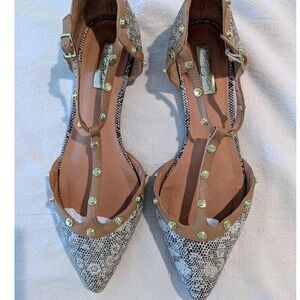Halogen D'Orsay Leather Studded Flats Snakeskin Pointed Toe Ankle Strap WMNS 8
